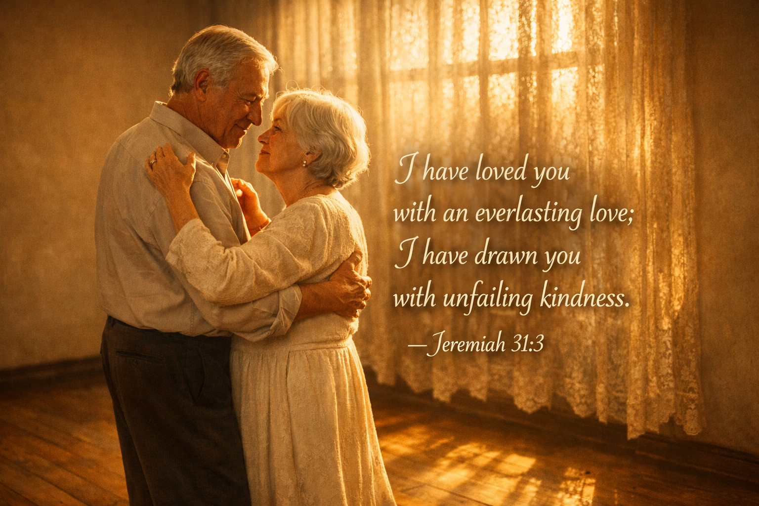 Jeremiah 31:3 Bible verse wallpaper elderly couple slow dancing sunset golden light room everlasting love unfailing kindness